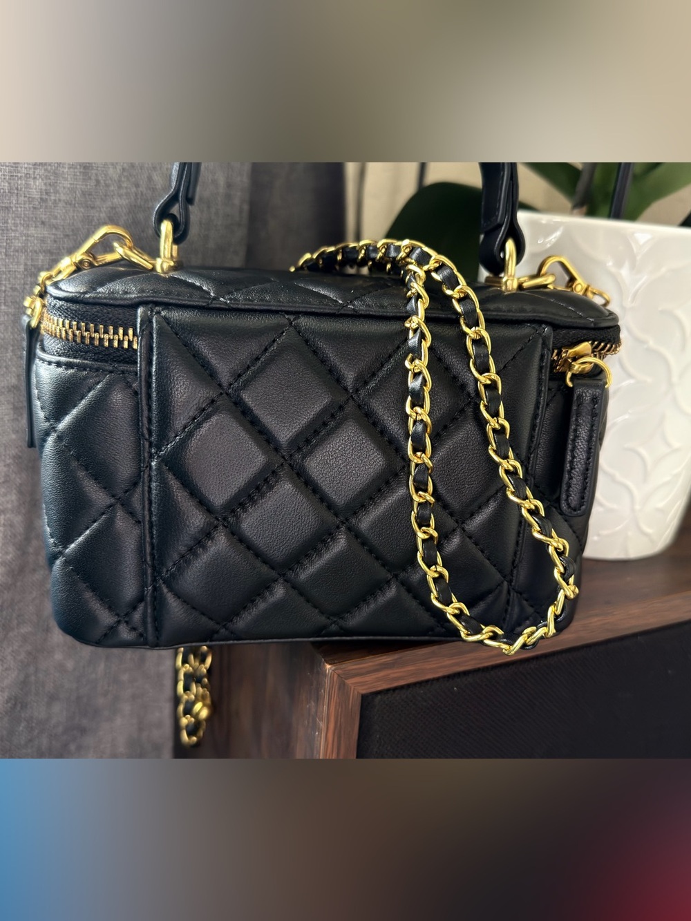 Black Quilted Vanity Mini Bag with Gold Chain and Charm - Picture 2 of 4